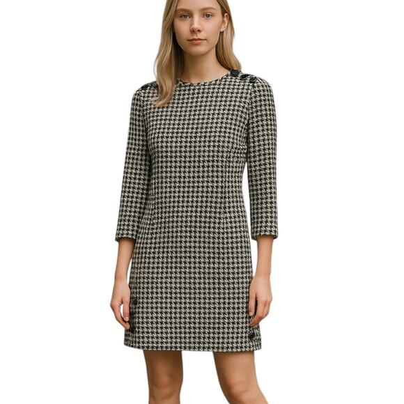 Vintage Wool Dress Nipon Boutique Long Sleeve Button Houndstooth Black 8 - Picture 1 of 9